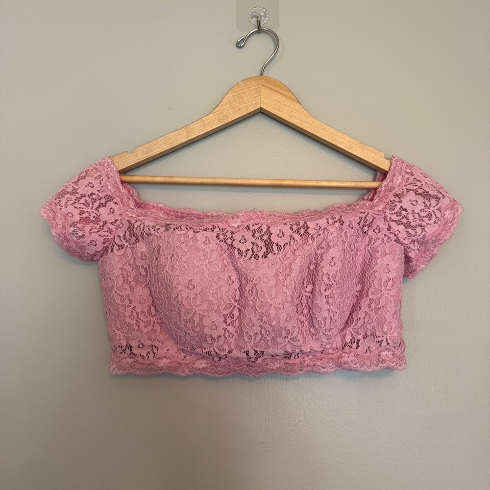 Pink Floral Lace Off Shoulder Crop Top Padded Bust Short Sleeve Size US 10
